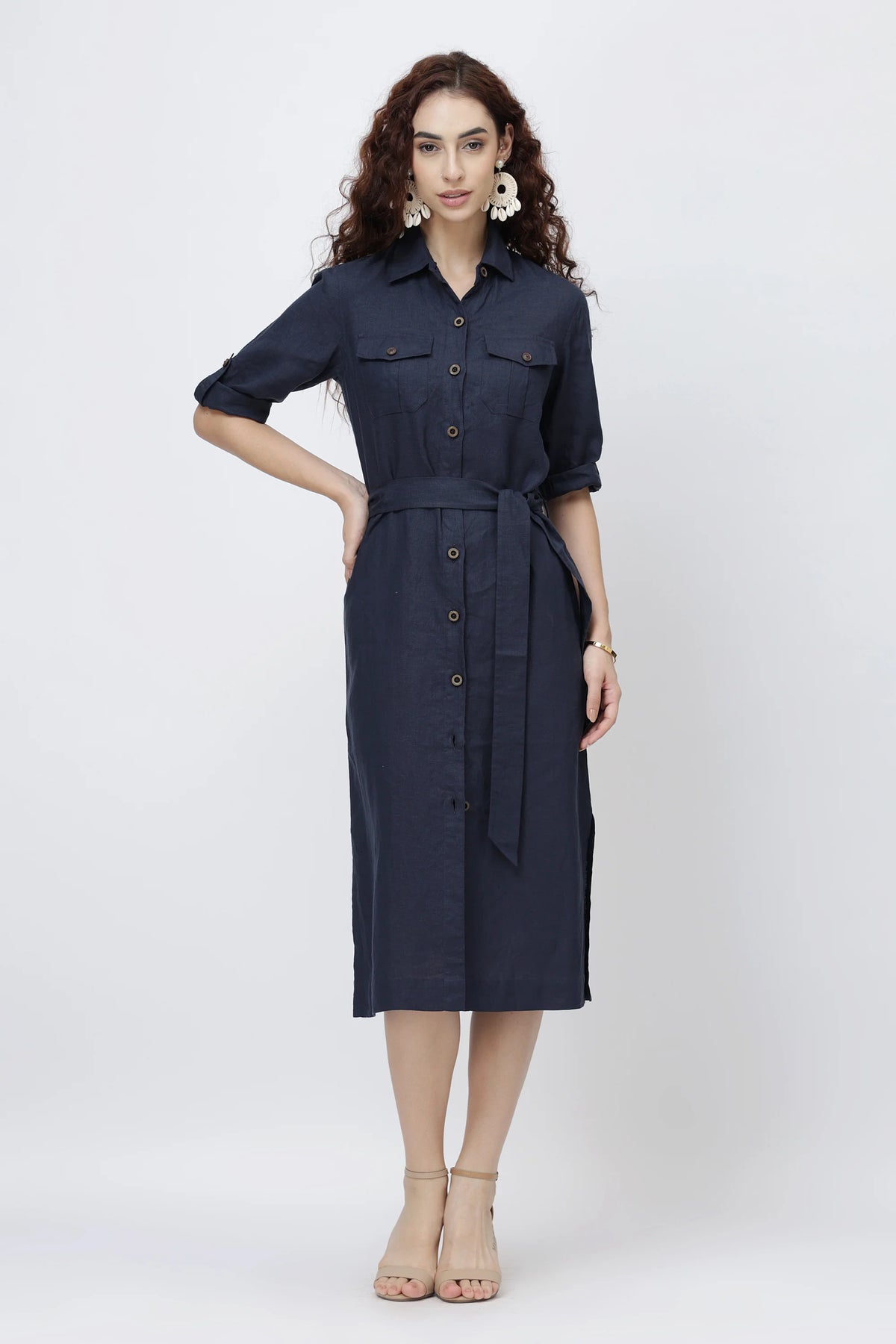 Tailored Linen Shirt Midi Dress Belted Shirt Dress