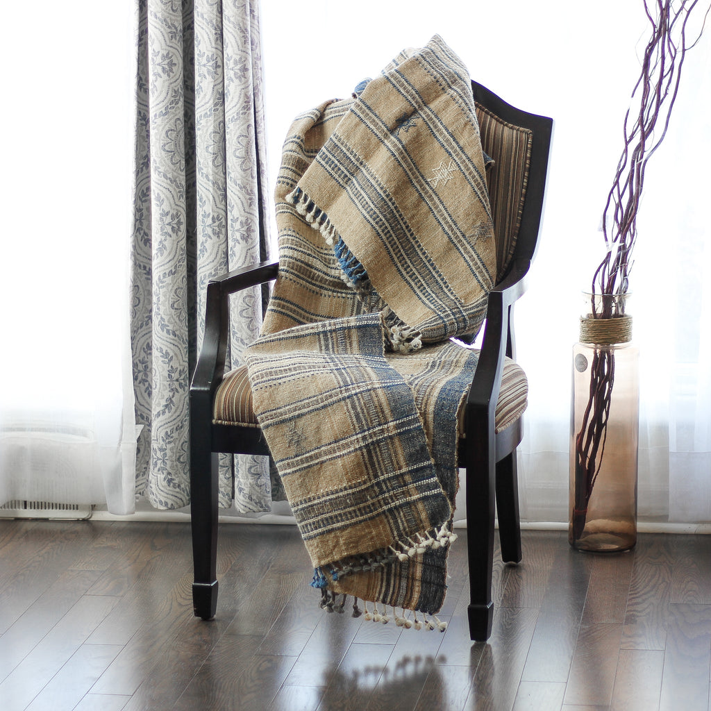 Ethnic Handspun Handwoven Wool Throw cum Blanket Beautiful Tassels Khaki 40x89