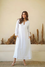 Linen Kaftan Dress Breezy White Pure Elegance Flowy Kaftan Maxi Dress with Full Sleeves Cotton Lining