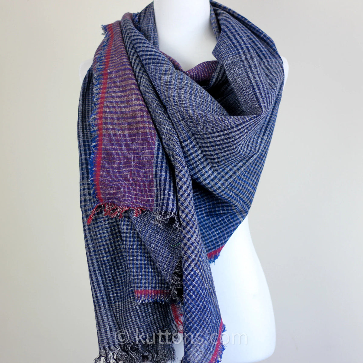 Ethically Crafted Cotton Scarf Hand Spun Hand Woven Artistry with Azo Free Vat Dyes Blue Maroon 25x78