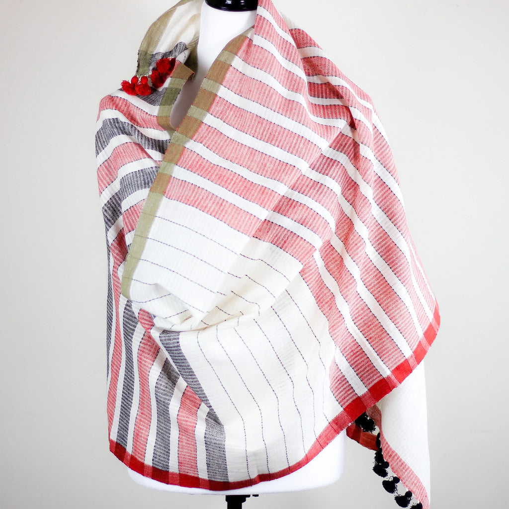 Naturally Dyed Hand Spun Hand Woven Organic Cotton Scarf Wrap White Red Gray 26x76