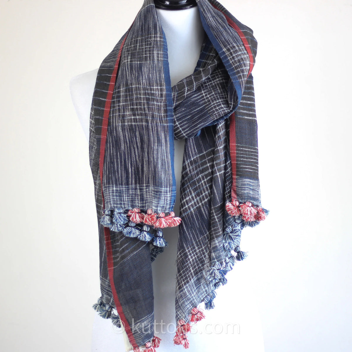 Wrap in Artistry Organic Cotton Scarf Dyed with Natural Dyes Handwoven by Women Weavers Blue Red 26x73