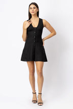 Linen Button Front Sleeveless Mini Dress with V Neck