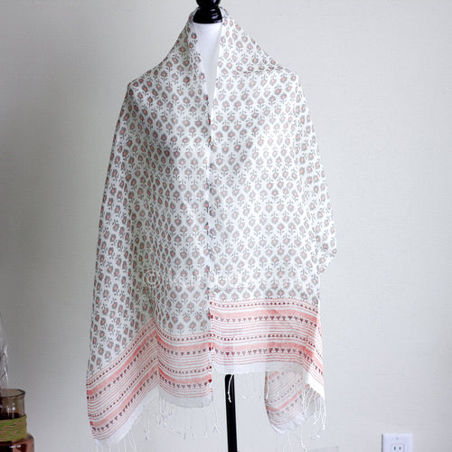 100 Linen Floral Hand Block Printed Stole Striped Border with Tassels Cream Peach 20x71