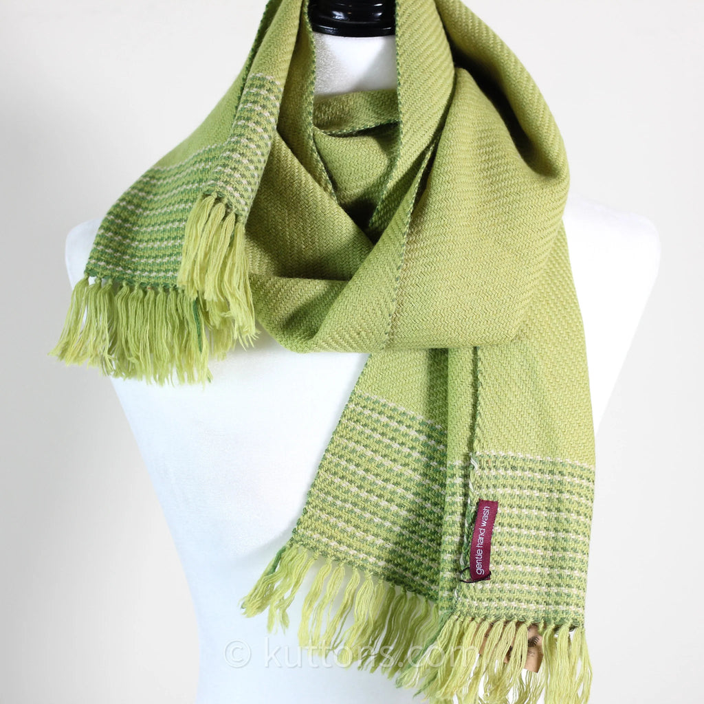 Handwoven Fine Merino Himalayan Wool Scarf Naturally Dyed with Tesu Flowers Tea Parrot Green 13x76 inch
