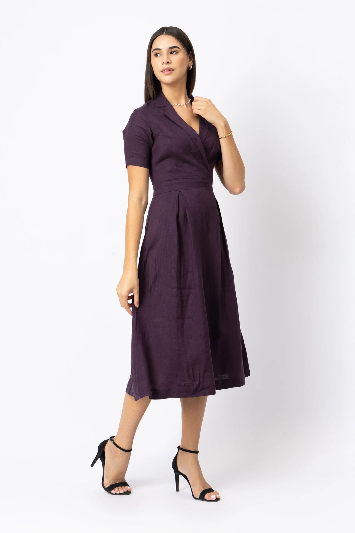 Linen Collared Wrap Style Midi Dress with Pleated Skirt