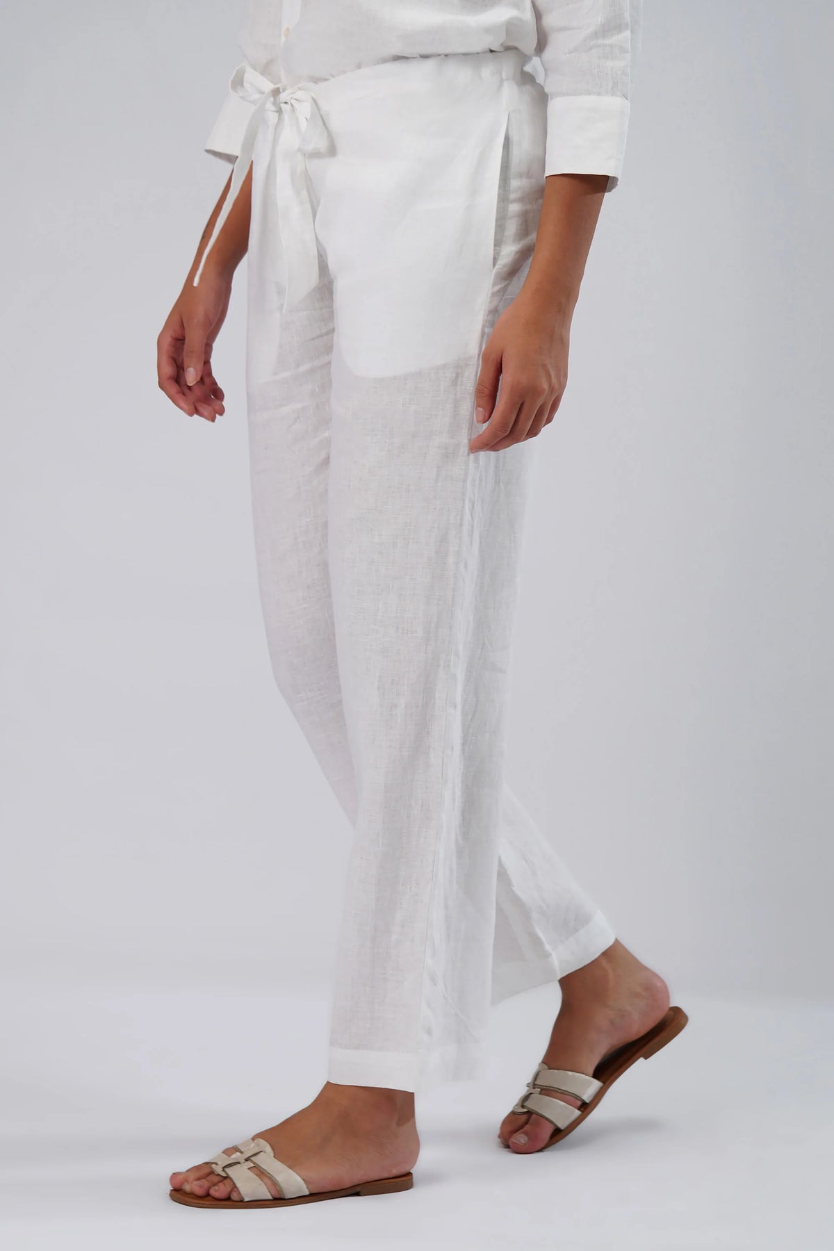 Linen Straight Leg Pants Adjustable Tie Waist Relaxed Fit