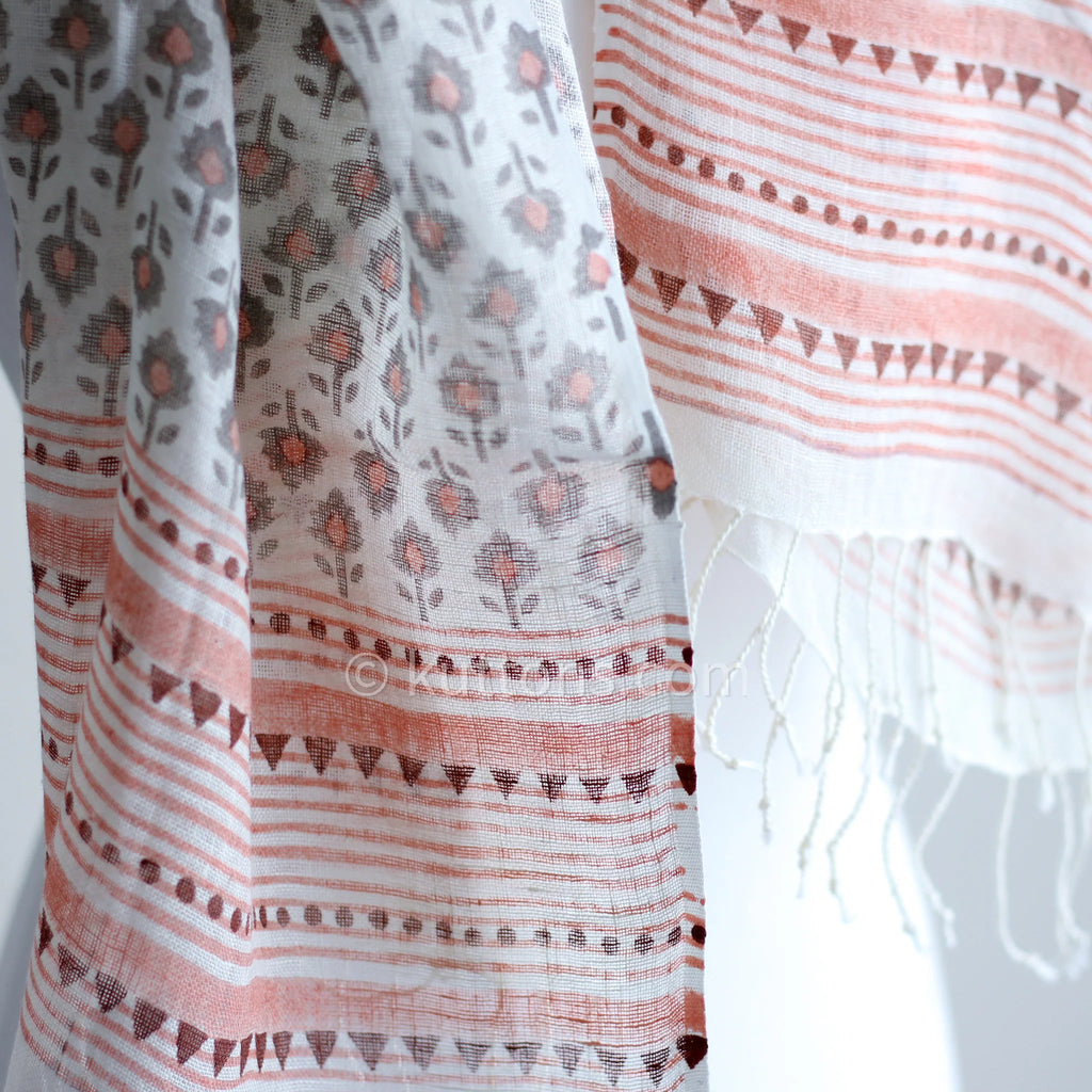 100 Linen Floral Hand Block Printed Stole Striped Border with Tassels Cream Peach 20x71