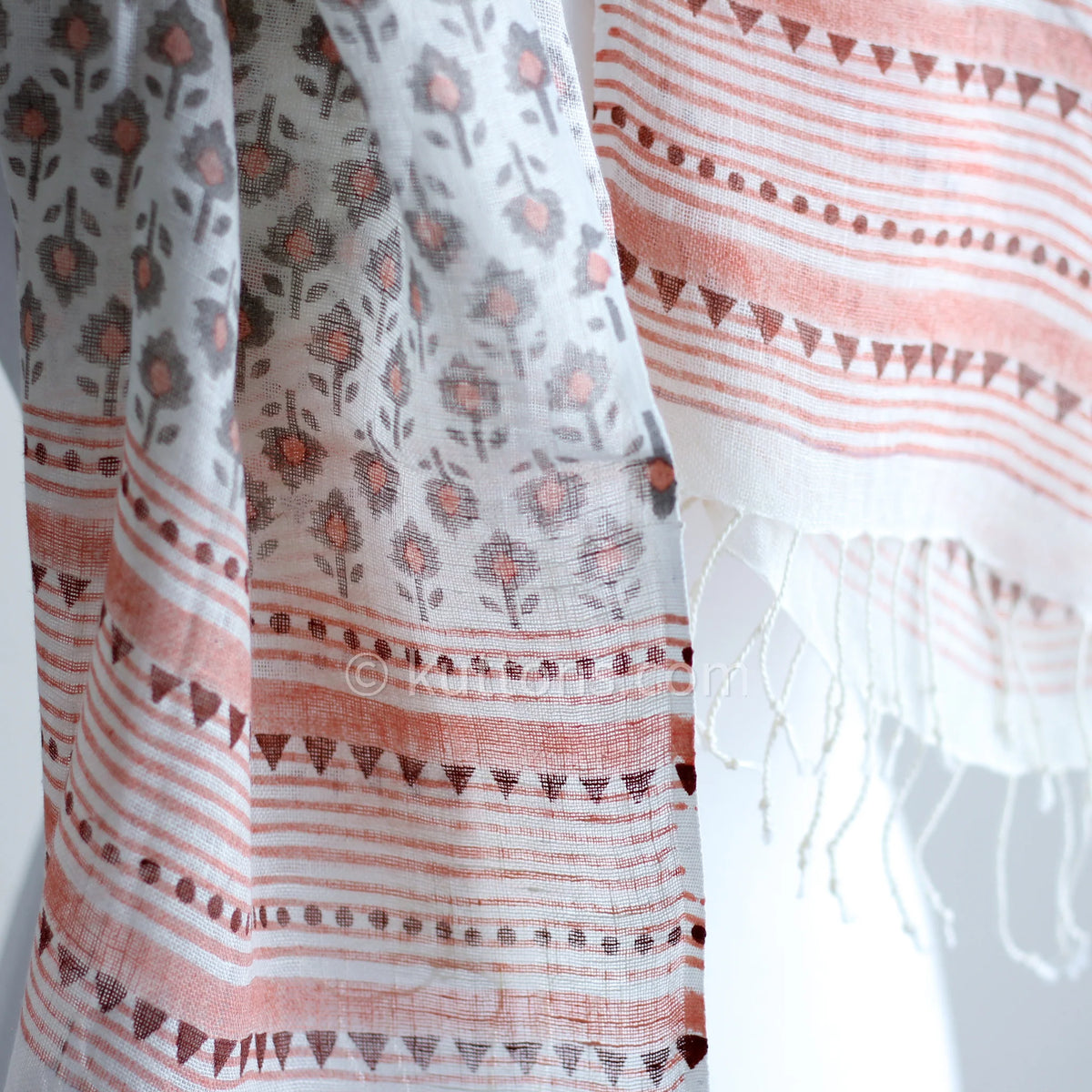 100 Linen Floral Hand Block Printed Stole Striped Border with Tassels Cream Peach 20x71