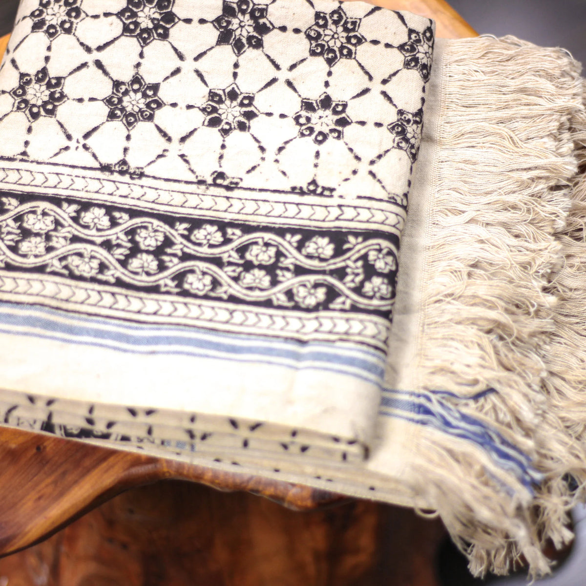 Kalamkari Hand Block Printed Handwoven Pure Cotton Towel Dyed with Natural Colours Beige Black 28x61