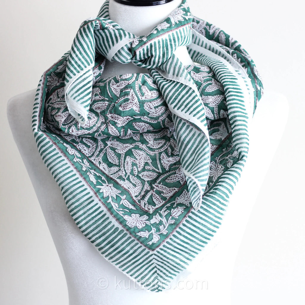 Sanganeri Hand Block Printed Mul Cotton Bandana Soft Lightweight Airy Scarf Green 46x42