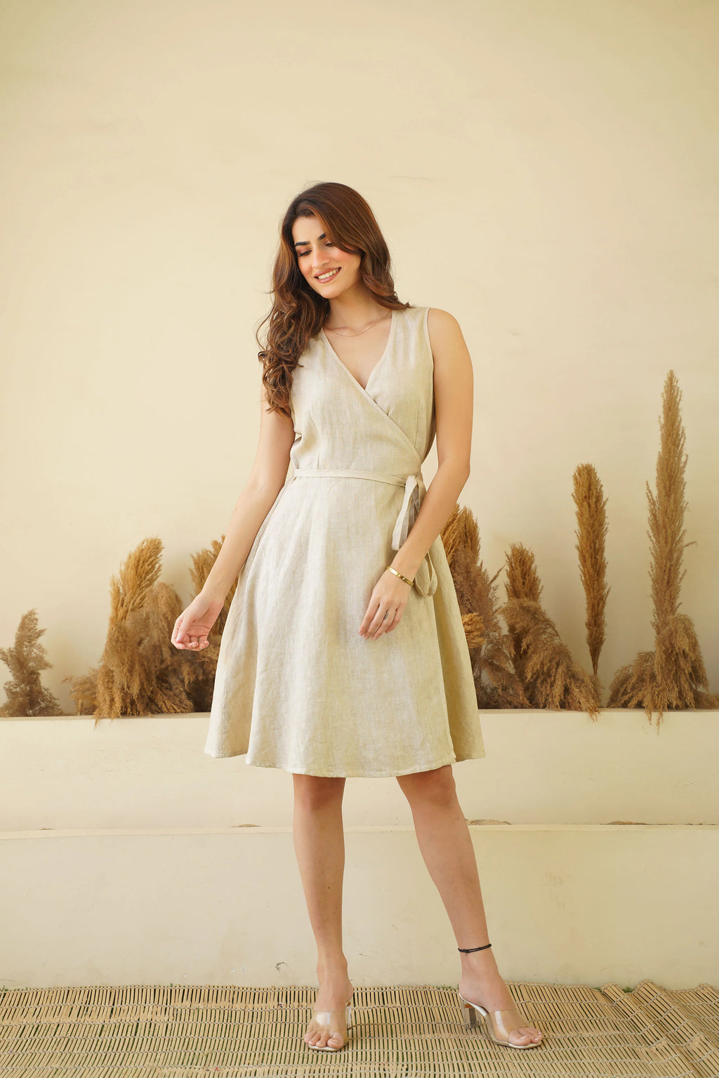 Luxe Sleeveless Linen Wrap Dress Comfy V Neck Mini Linen Dress with Tie Belt Pockets Pistachio