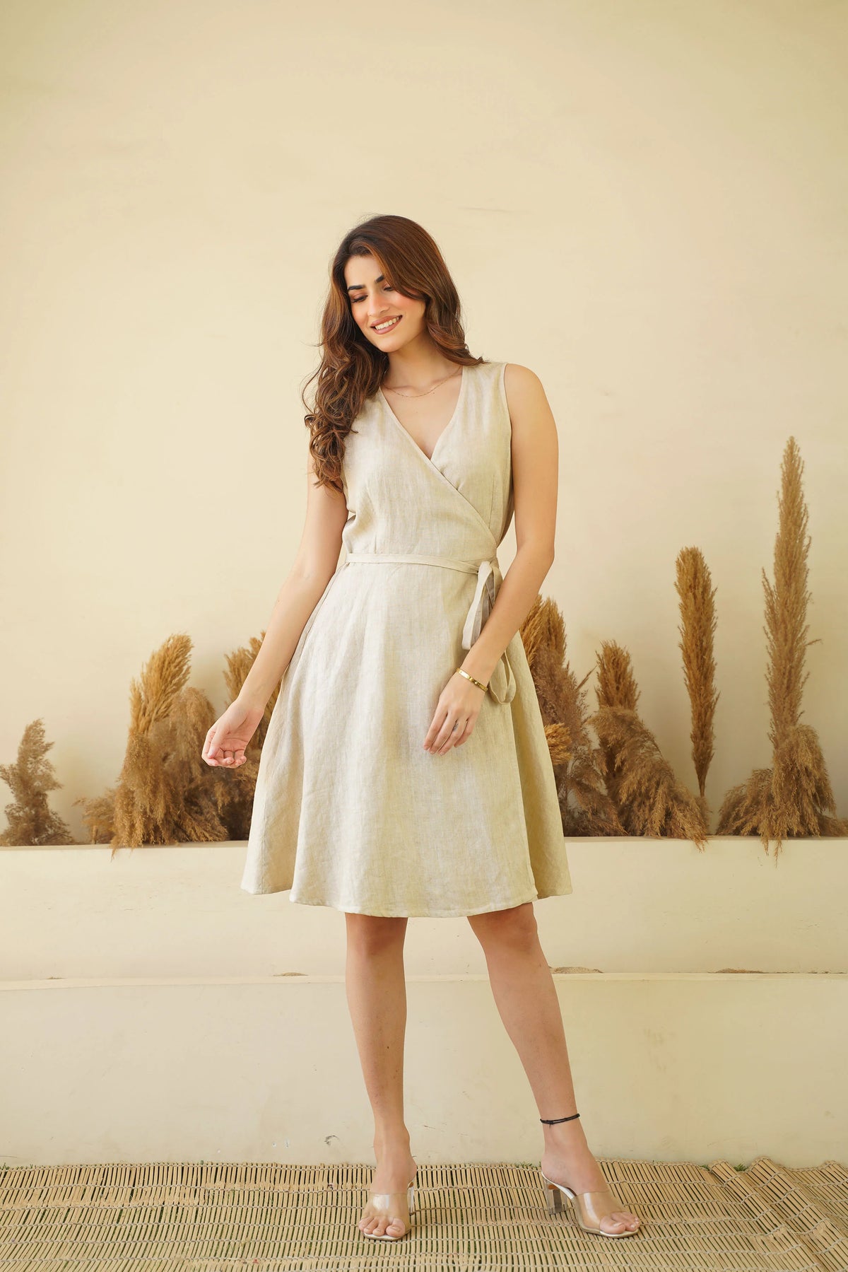 Luxe Sleeveless Linen Wrap Dress Comfy V Neck Mini Linen Dress with Tie Belt Pockets Pistachio
