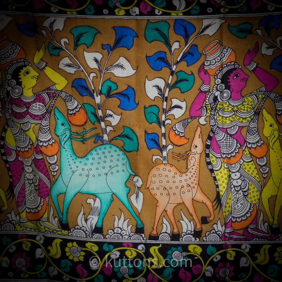 Hand Painted Kalamkari Cotton Wrap Cum Art Decor Depicting Ethnic Women with Deers Natural Colours Multicolour 36x94