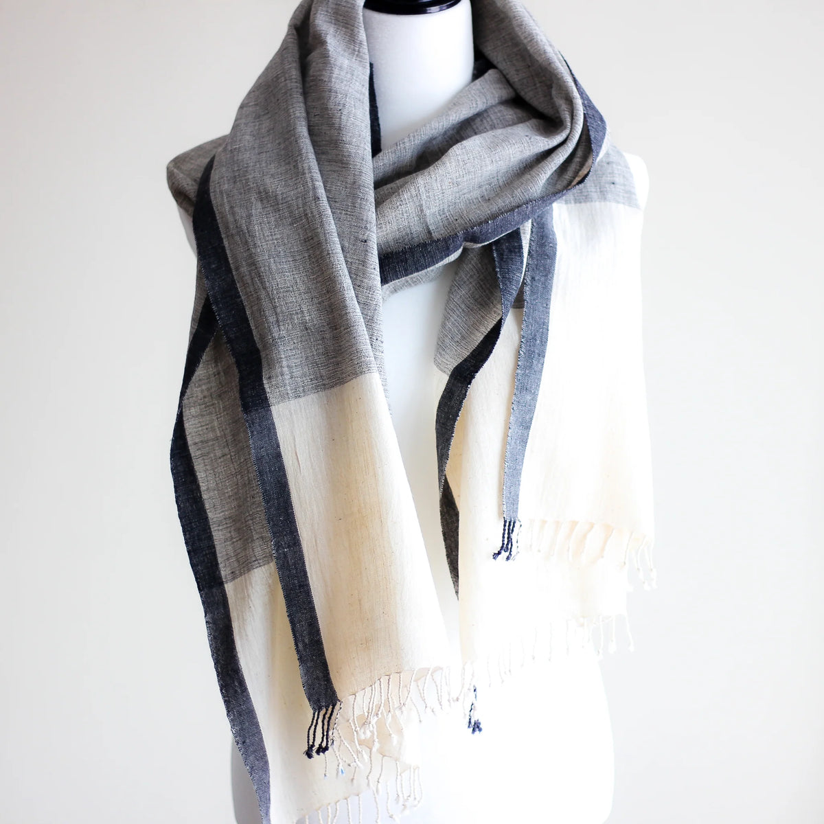 Organic Kala Cotton Wrap with Tassels Handwoven Genetically Pure Organic Cotton Scarf Cream Gray 23x84