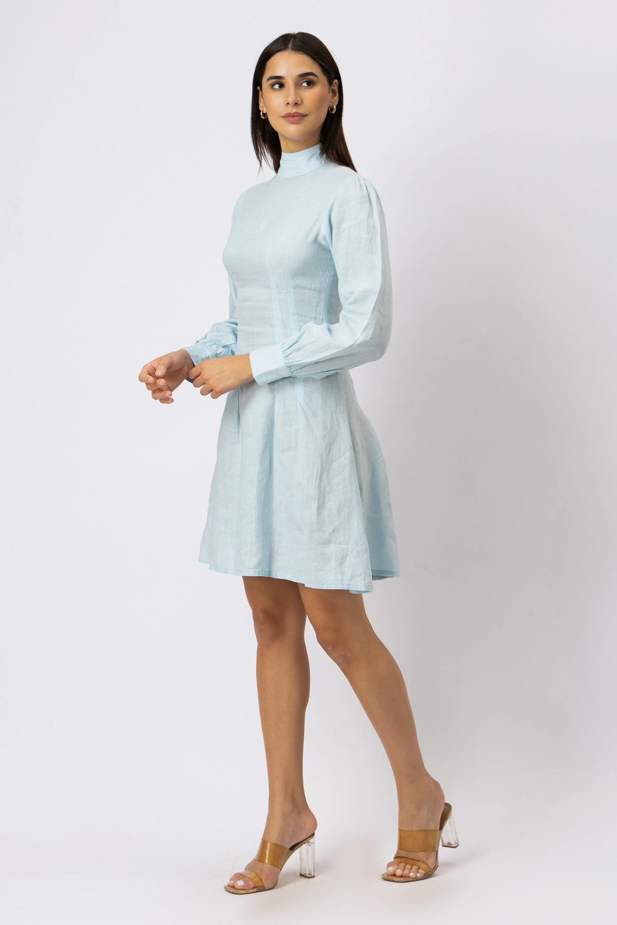 Mock Neck Pleated Mini Dress in European Linen