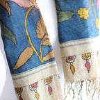 Ethnic Hand Painted Handwoven Kalamkari Chanderi Cotton Wrap Natural Colours Blue Yellow Stole 21x70