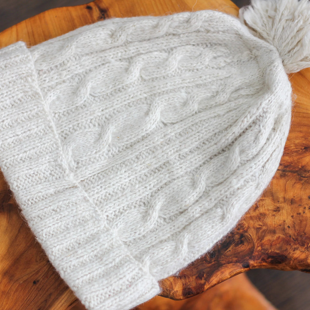 Cashmere Cable Hat with Pom Pom 100 Pashmina Cashmere from Ladakh Himalayas Cream