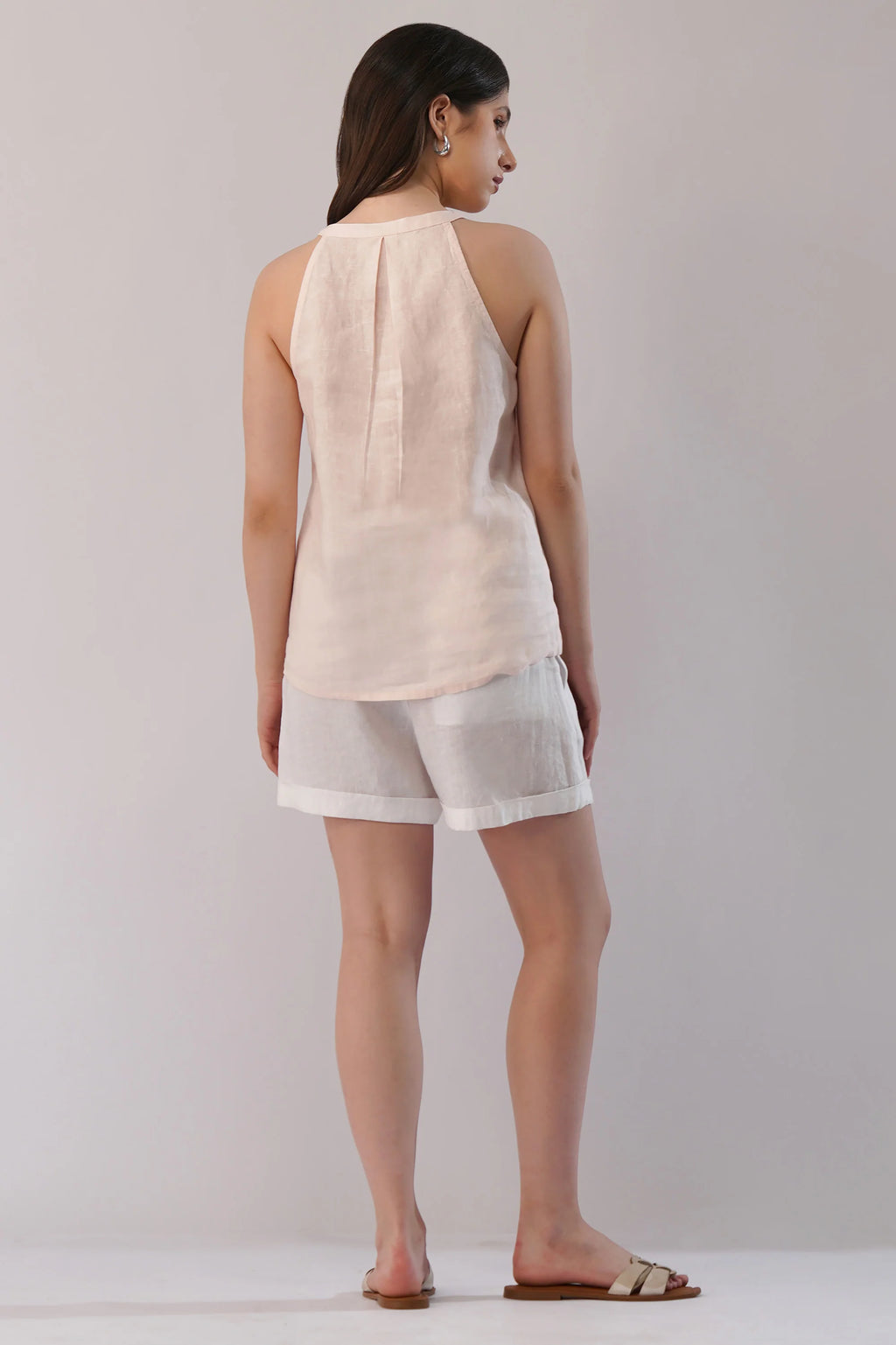 Sleeveless High Neck Linen Tank Top with Front Pleat