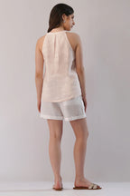Sleeveless High Neck Linen Tank Top with Front Pleat