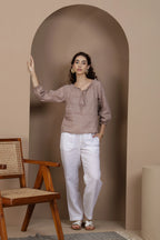 Signature Linen Tie Neck Top Soft Ruffle Collar Sleeves