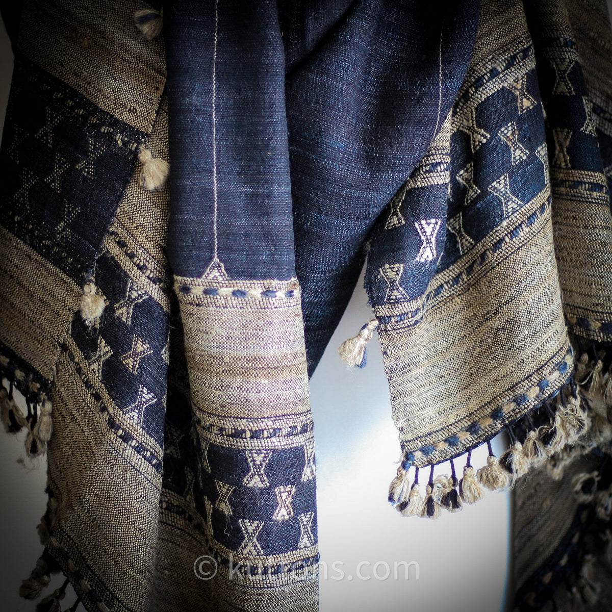 Handwoven Tussar Silk Merino Wool Shawl with Tassels Black Brown 38x86