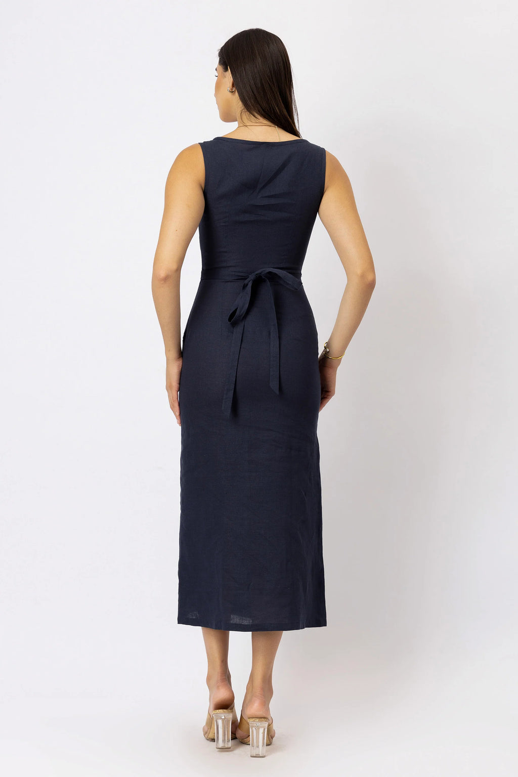 Fitted Square Neck European Linen Midi Dress with Back Tie