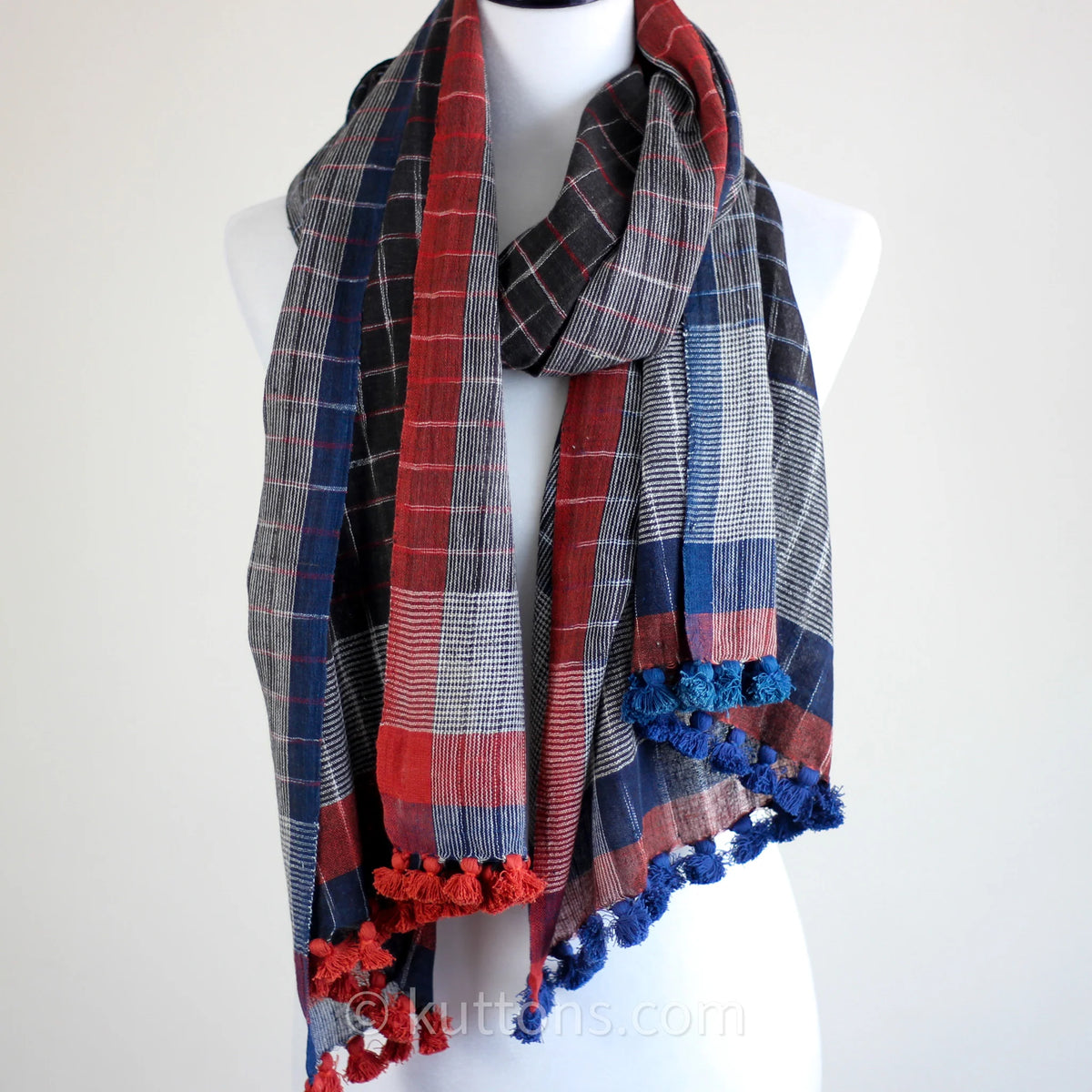 Eco Chic Elegance Handspun Handwoven Organic Cotton Scarf Dyed Naturally Empowering Women Weavers Blue Red 24x76