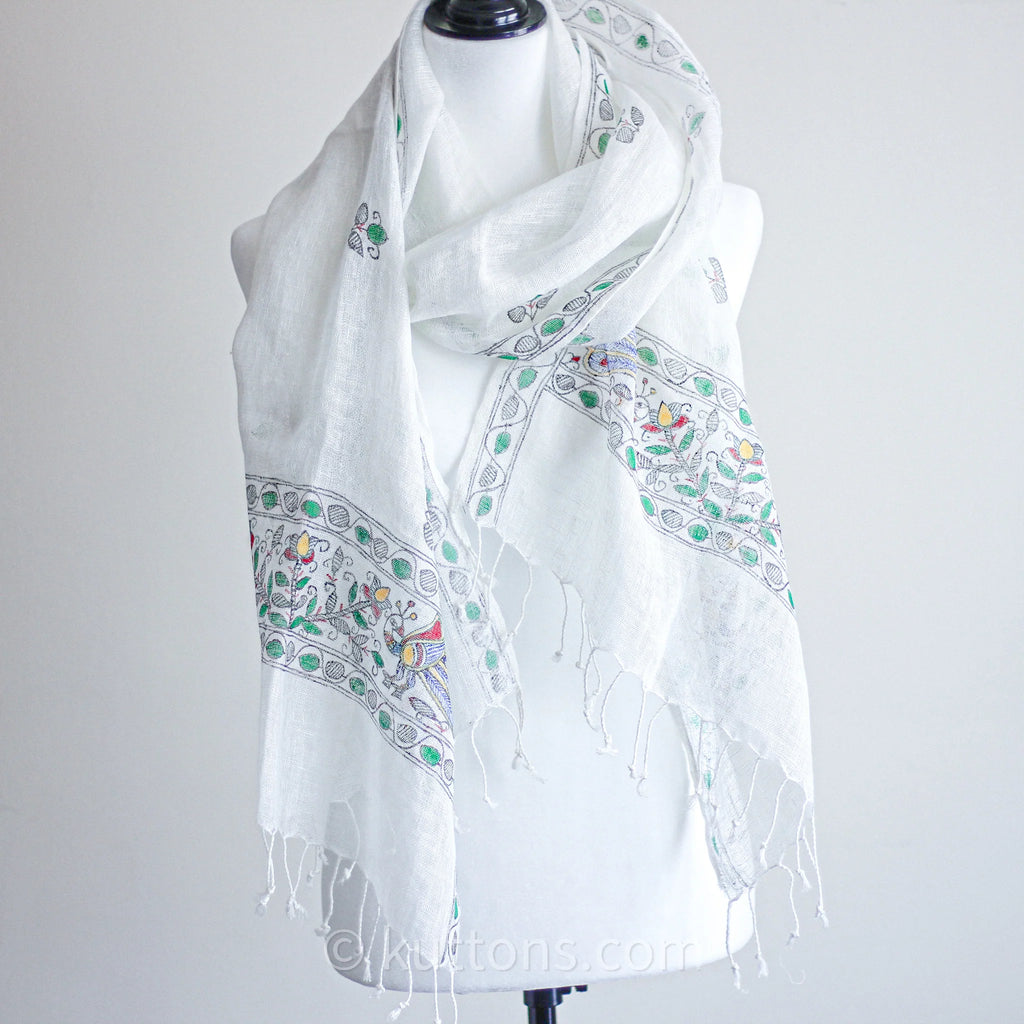 Hand Painted Linen Wrap with Tassels Tribal Madhubani Motifs White Green Leaves 20x80