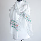 Hand Painted Linen Wrap with Tassels Tribal Madhubani Motifs White Green Leaves 20x80