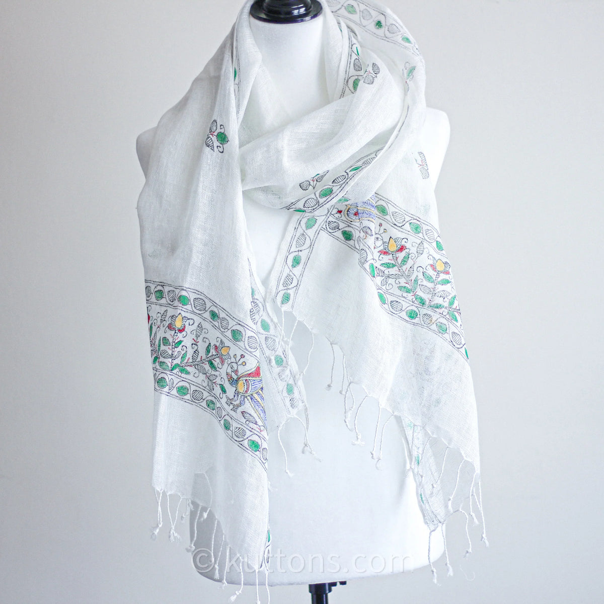 Hand Painted Linen Wrap with Tassels Tribal Madhubani Motifs White Green Leaves 20x80