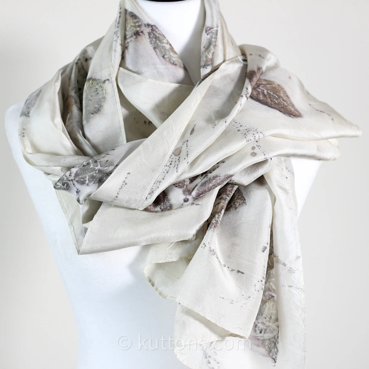 Pure Mulberry Silk Stole Eco Printed with Rose Leaves Featherweight Scarf Brown 21x72