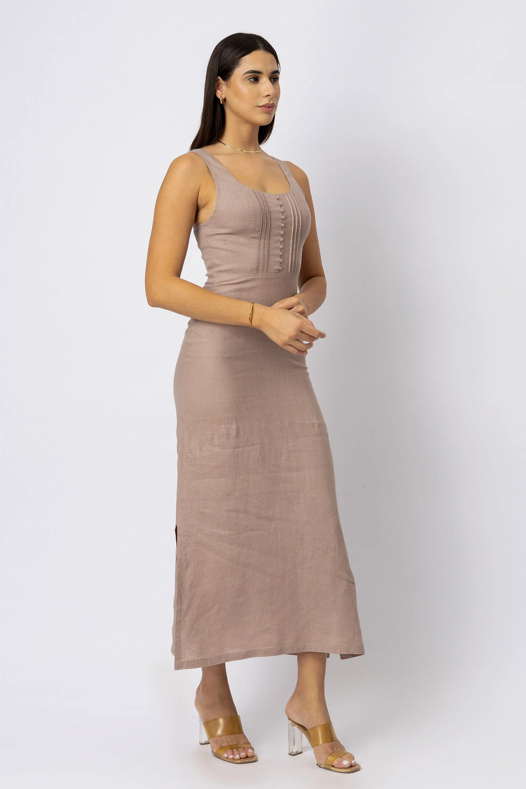 Linen Figure Hugging Midi Dress Scoop Neck with Pintuck Bodice