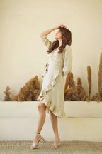 Natural Linen Wrap Dress with Frills Waist Belt Long Sleeve Linen Midi Dress with Pockets