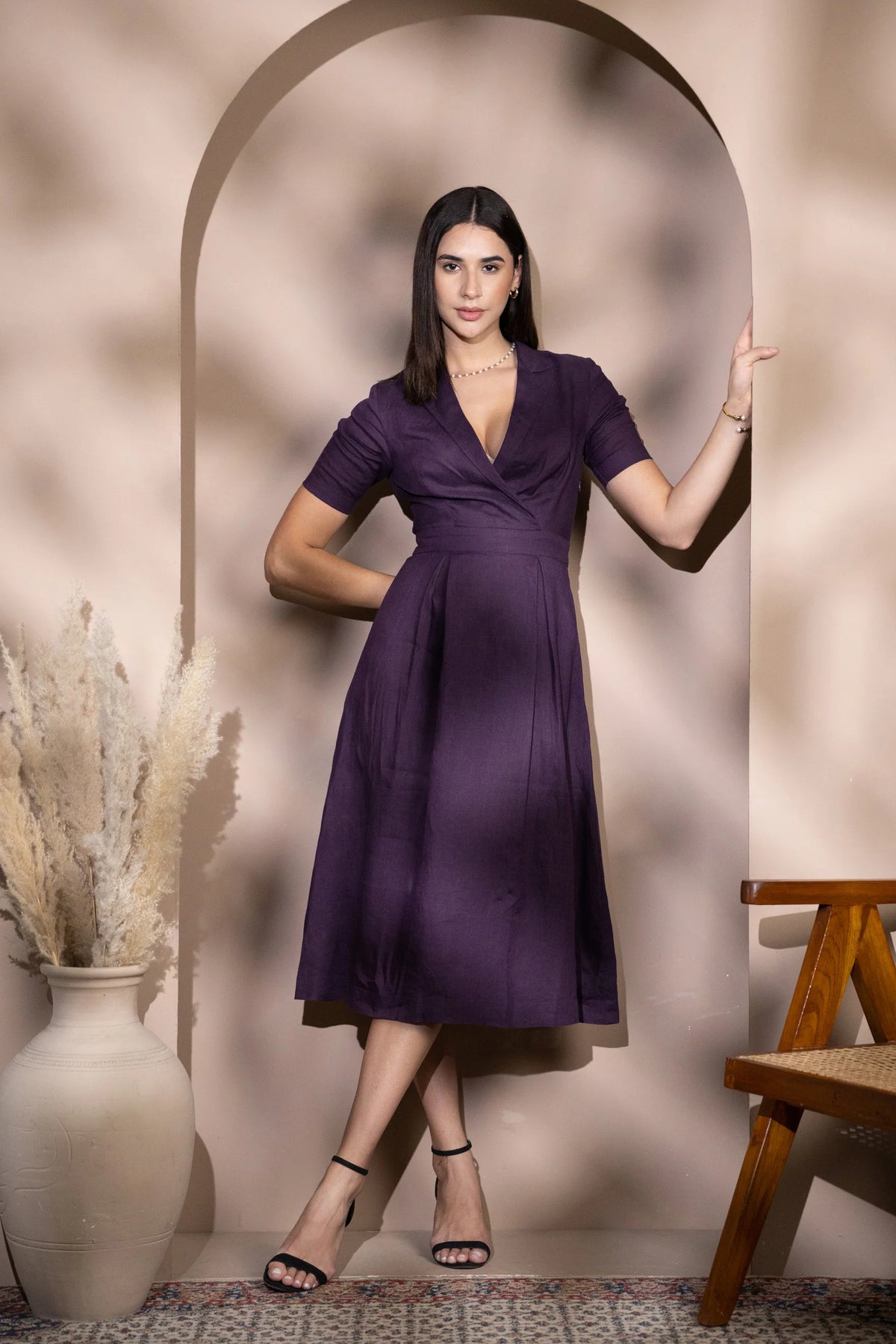Linen Collared Wrap Style Midi Dress with Pleated Skirt