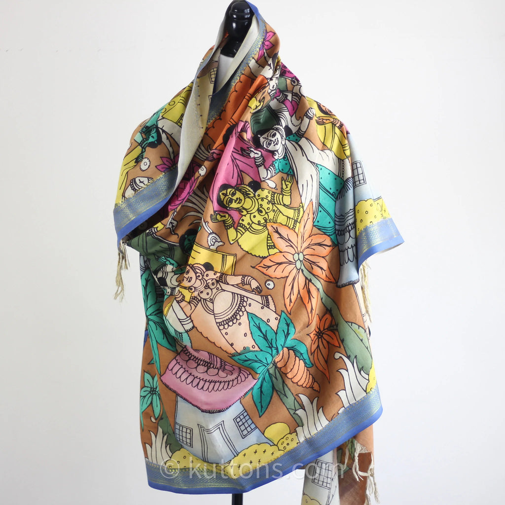 Ethnic Hand Painted Kalamkari Cotton Wrap Cum Art Deco Natural Colours Dancing Mudras Multicolour 35x92