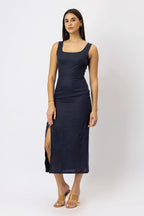 Fitted Square Neck European Linen Midi Dress with Back Tie