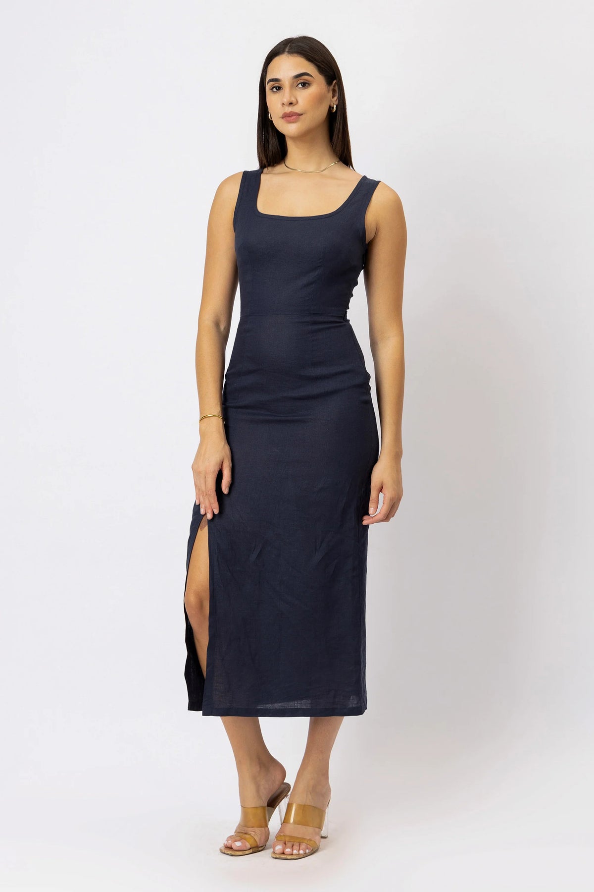 Fitted Square Neck European Linen Midi Dress with Back Tie