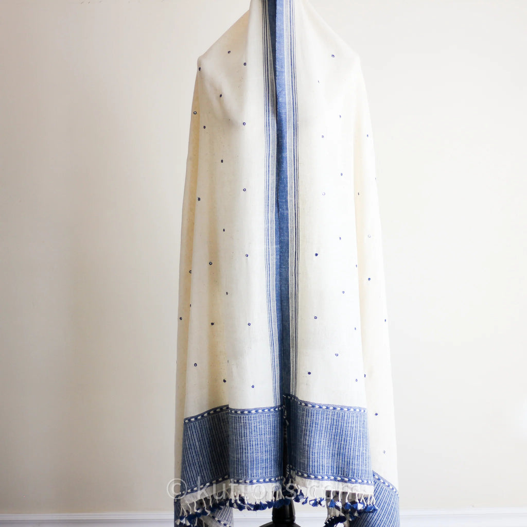 Handspun Handwoven Organic Cotton Shawl with Embroidered Mirrors 100 Organic Kala Cotton Wrap Cream Blue 40x96