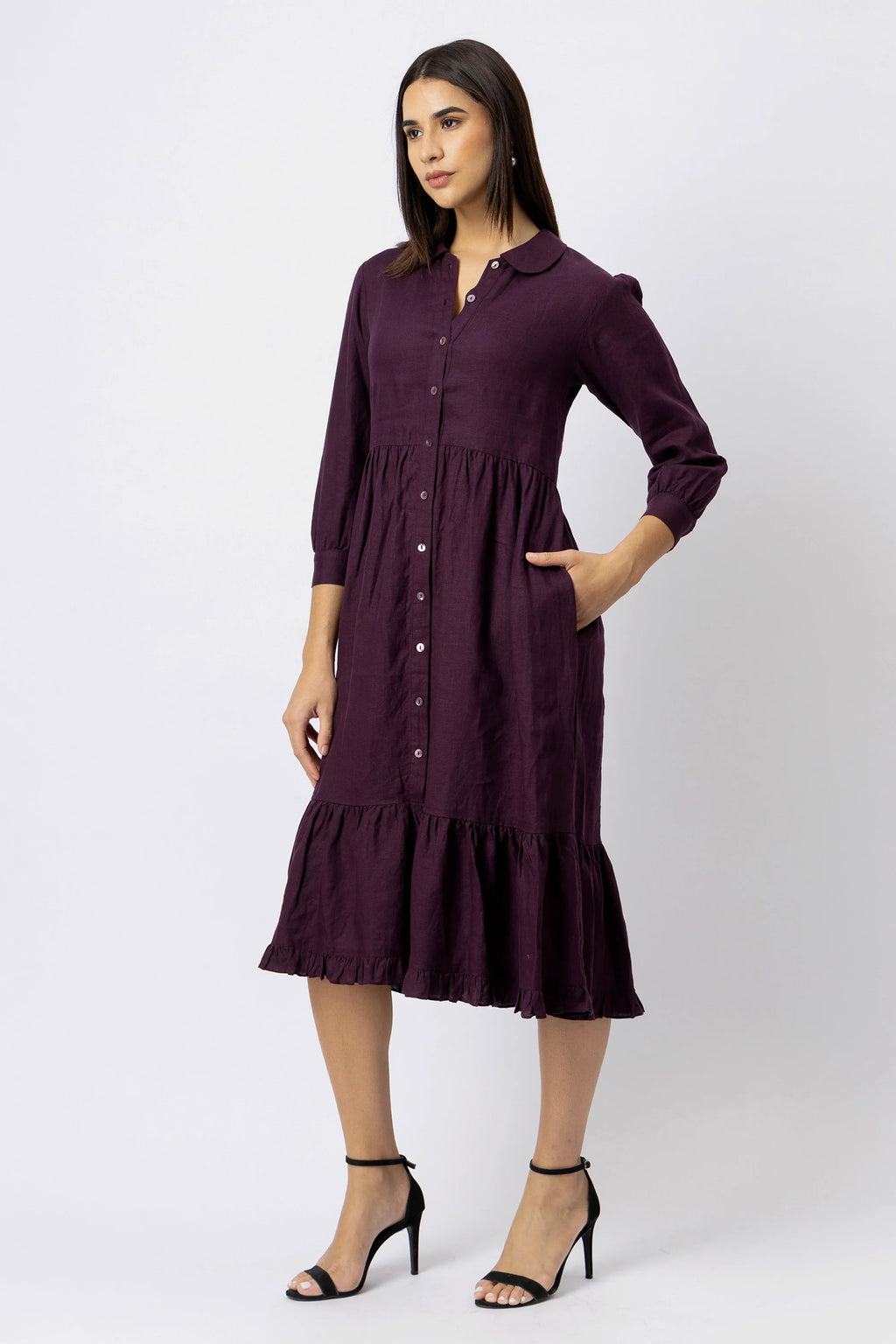 Tiered Button Front Midi Dress in European Linen Gathered Midi Shirt Dress