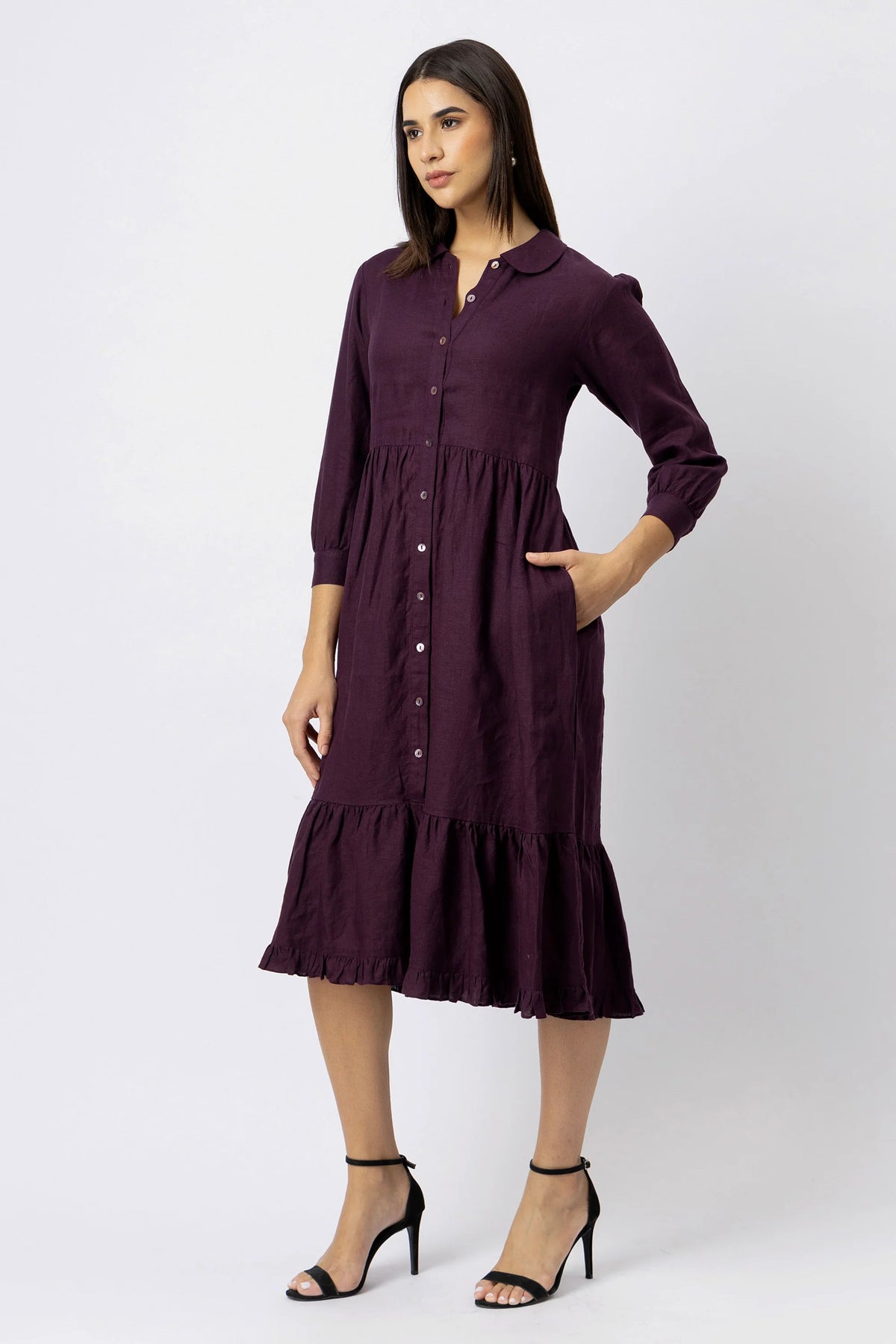 Tiered Button Front Midi Dress in European Linen Gathered Midi Shirt Dress