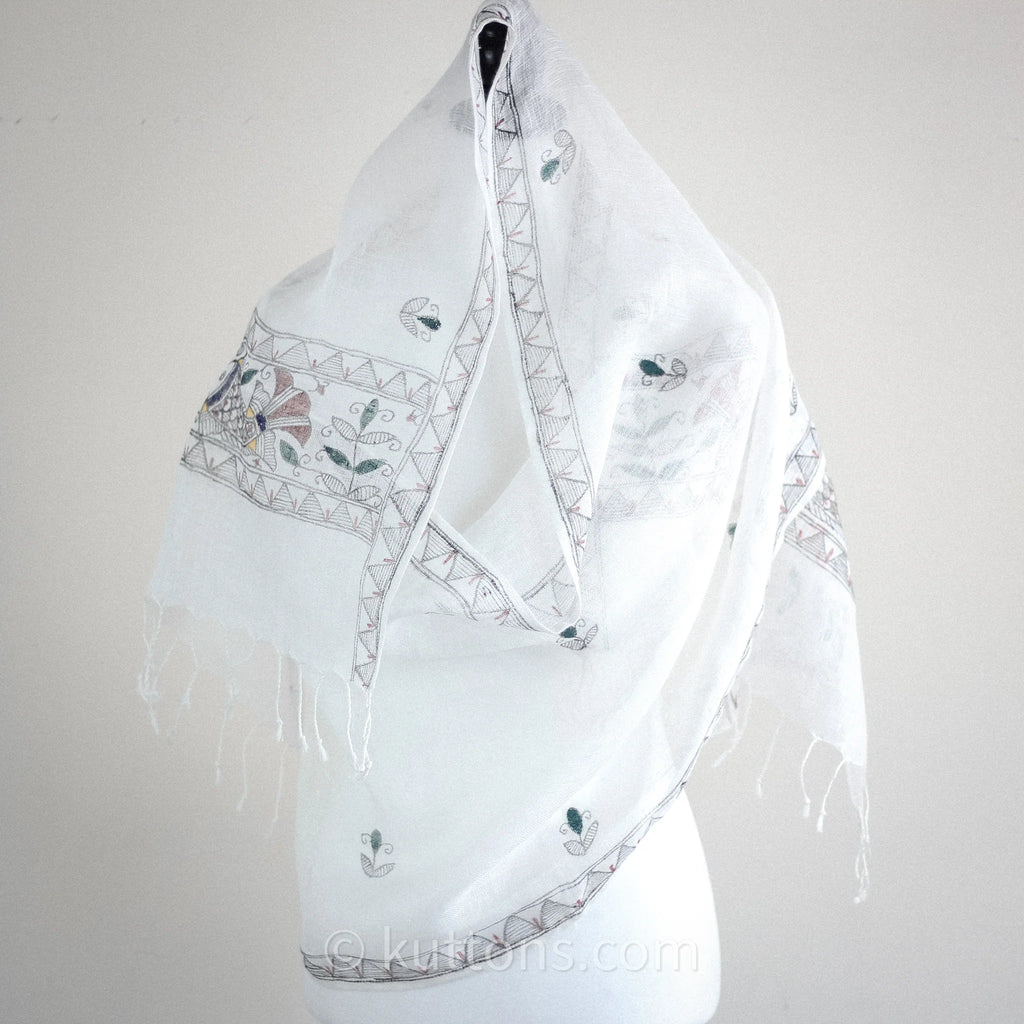 Hand Painted Ethnic Madhubani Linen Wrap with Tassels Tribal Motifs Fish White 20x80