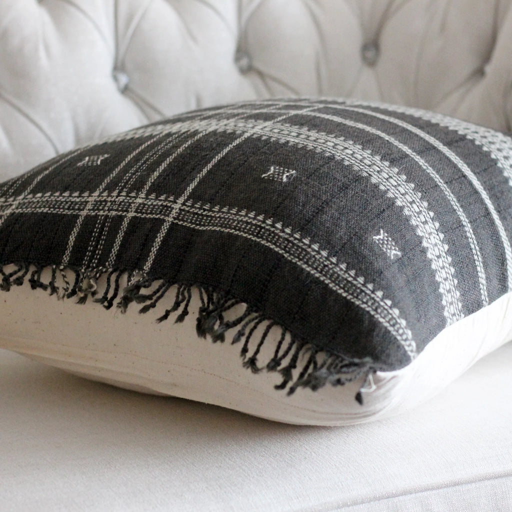 Bhujodi 100 Wool Organic Cotton Pillow Cover Rustic Handwoven Cushion with Tassels Dark Gray Pair