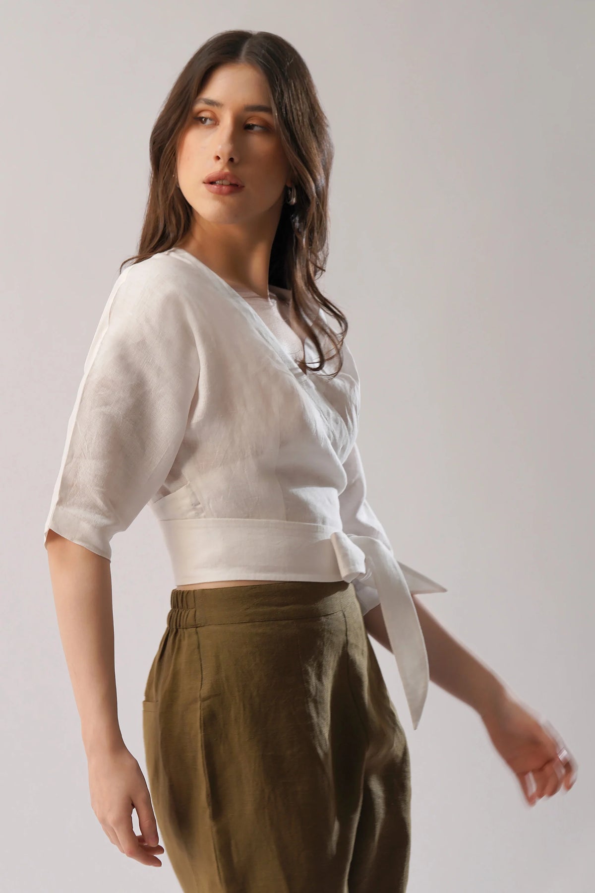 Linen Wrap Top Structured Wrap Linen Top with Tie Waist