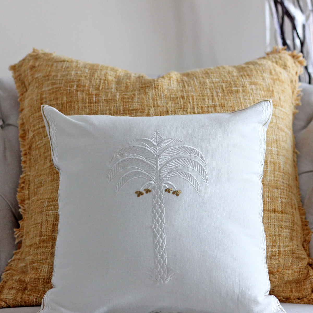 Calm Palm White Cotton Embriodered Decorative Linen Pillow Cover Chair Cushion 16x16