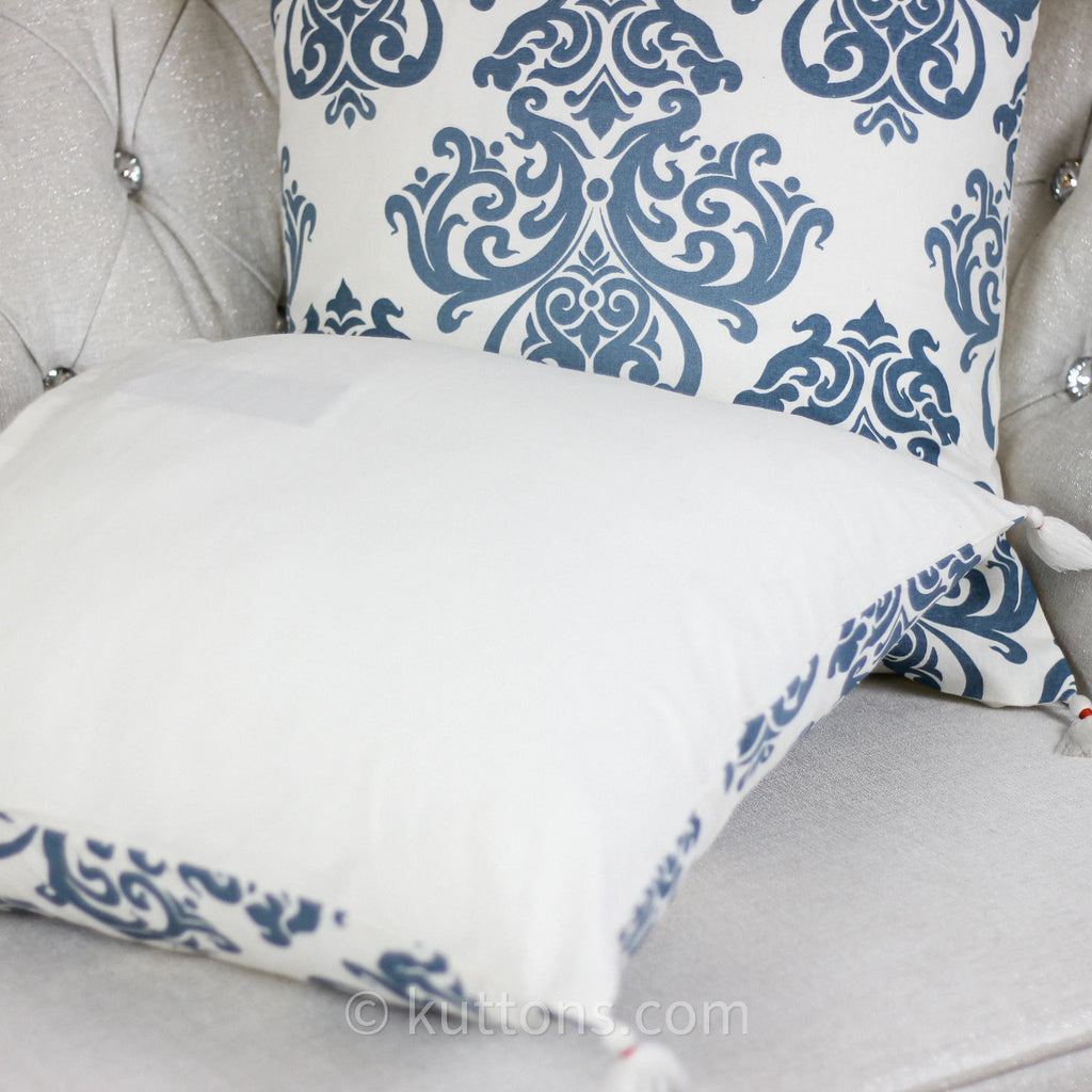 100 Cotton Throw Pillow Cover Hand Screen Printed with Damask Motif Corner Tassels Cream Blue Set of 2 20x20