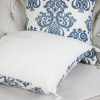 100 Cotton Throw Pillow Cover Hand Screen Printed with Damask Motif Corner Tassels Cream Blue Set of 2 20x20