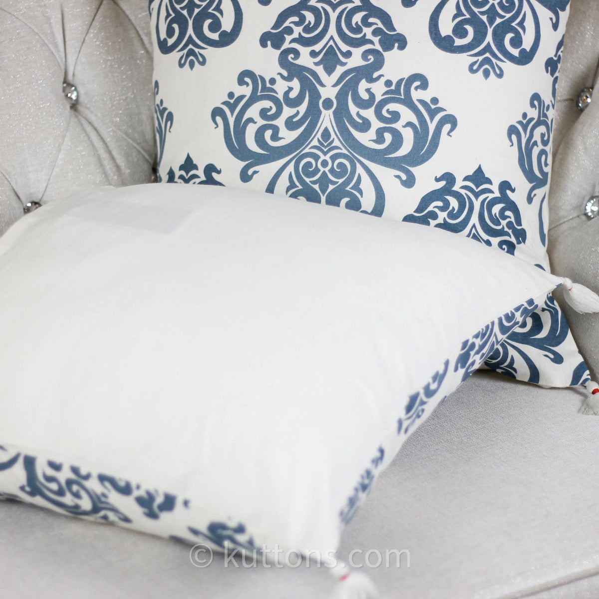 100 Cotton Throw Pillow Cover Hand Screen Printed with Damask Motif Corner Tassels Cream Blue Set of 2 20x20