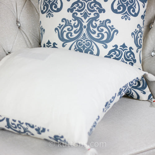 100 Cotton Throw Pillow Cover Hand Screen Printed with Damask Motif Corner Tassels Cream Blue Set of 2 20x20