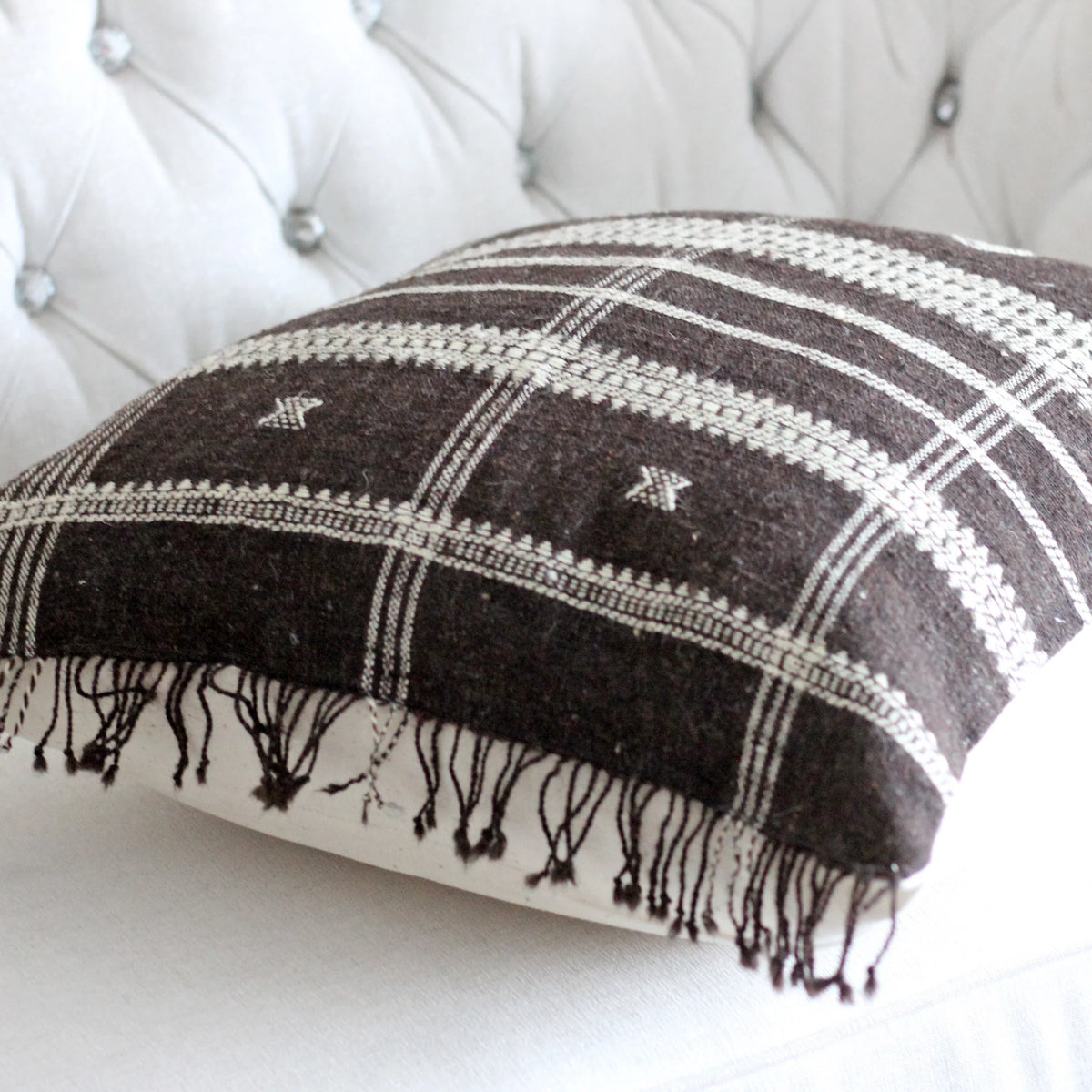 Handmade Bhujodi Throw Pillow Cover Rustic Wool Cotton Cushion Brown 22x22